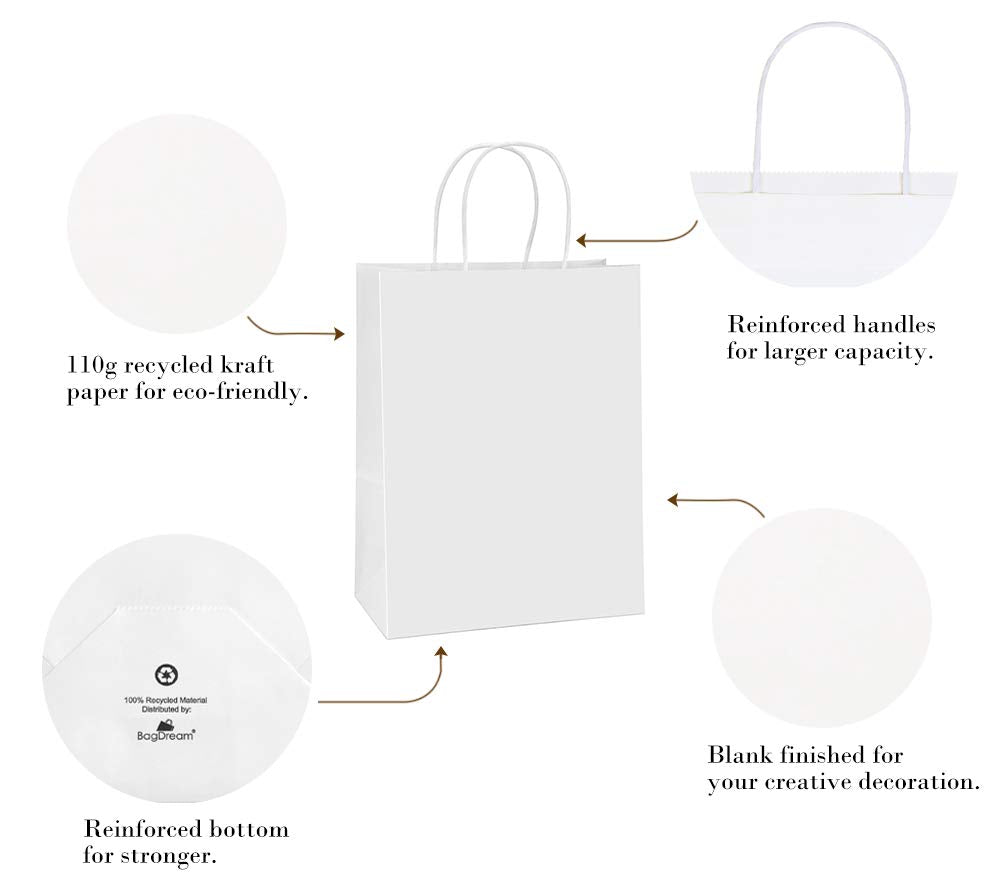 BagDream Paper Shopping Bags 10x5x13 100Pcs White Kraft Gift Bags with Handles Bulk, for Shopping, Merchandise, Retail, Party Favor, Gifts, Take-out, Recyclable Paper Sacks