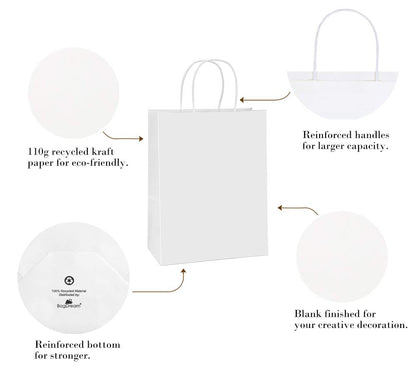 BagDream Paper Shopping Bags 10x5x13 100Pcs White Kraft Gift Bags with Handles Bulk, for Shopping, Merchandise, Retail, Party Favor, Gifts, Take-out, Recyclable Paper Sacks