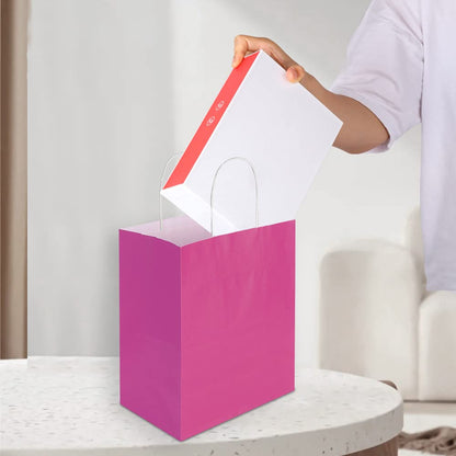 Oikss 100 Pack 8x4.75x10 Inch Medium Hot Pink Kraft Paper Bags with Handles Bulk for Birthday Wedding Party Favors Grocery Retail Shopping Business Goody Craft Gift Bags Sacks (Fuchsia 100pcs Count)