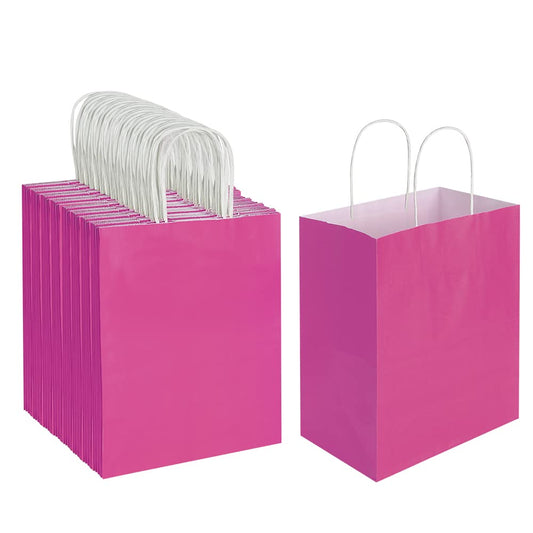 Oikss 100 Pack 8x4.75x10 Inch Medium Hot Pink Kraft Paper Bags with Handles Bulk for Birthday Wedding Party Favors Grocery Retail Shopping Business Goody Craft Gift Bags Sacks (Fuchsia 100pcs Count)