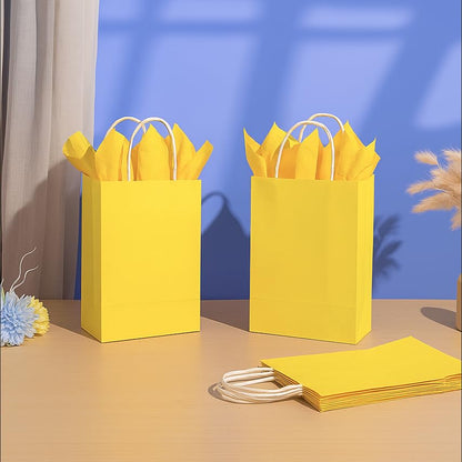 SUNCOLOR 24-Pack Yellow Paper Gift Bags with Handles, 7.9x5.12x3.15 Inches,Small Kraft Paper Bags, Includes Tissue Paper for Parties, Birthdays, Easter, Baby Showers