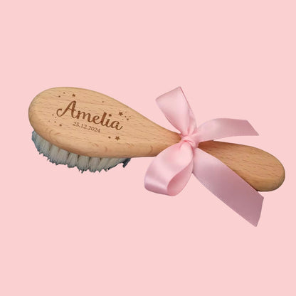 Personalized Baby Gift Newborn Hair Brush and Comb, Customized Engraved Baby Keepsake，Personalized Girls Brush and Comb Set， Wood Bristle Toddler Comb, Cradle Cap Brush(Pink)