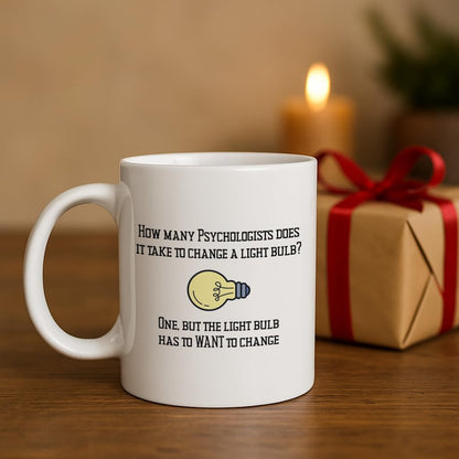 Casitika Psychology Gifts. 11 oz White Ceramic Psychologist Coffee Mug. Funny Psychiatrist or Psychologists Light Bulb Joke.