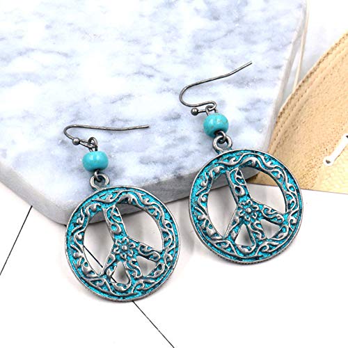 Peace Sign Symbol Hook Dangle Drop Earring Vintage Antique Silver Beads Turquoise Carved Flower Earrings for Women Jewelry Gift
