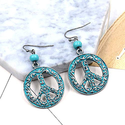 Peace Sign Symbol Hook Dangle Drop Earring Vintage Antique Silver Beads Turquoise Carved Flower Earrings for Women Jewelry Gift