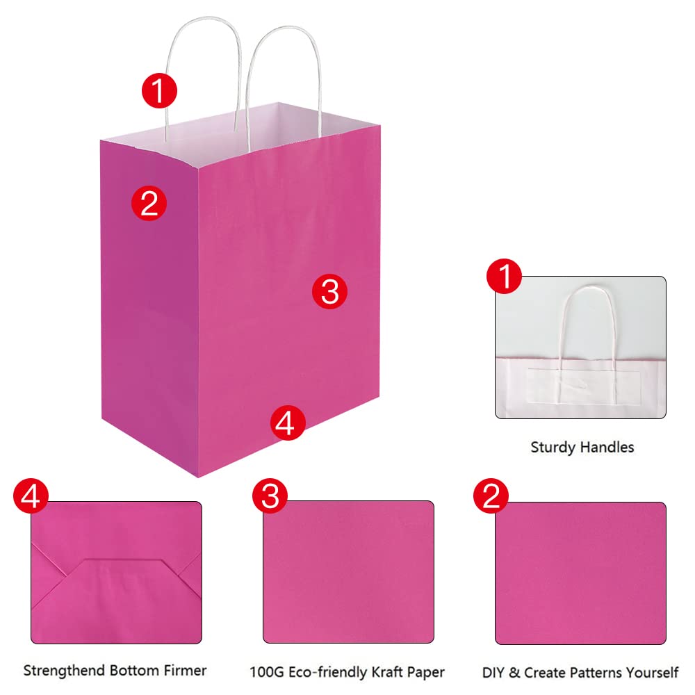 Oikss 100 Pack 8x4.75x10 Inch Medium Hot Pink Kraft Paper Bags with Handles Bulk for Birthday Wedding Party Favors Grocery Retail Shopping Business Goody Craft Gift Bags Sacks (Fuchsia 100pcs Count)