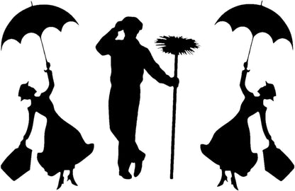 Pack of 6 Flying Nanny Silhouette Waterproof Decal - Use On, Car Bumper Sticker, Light Switch Laptops, Water Bottles, Scrapbooking (Small, Black)