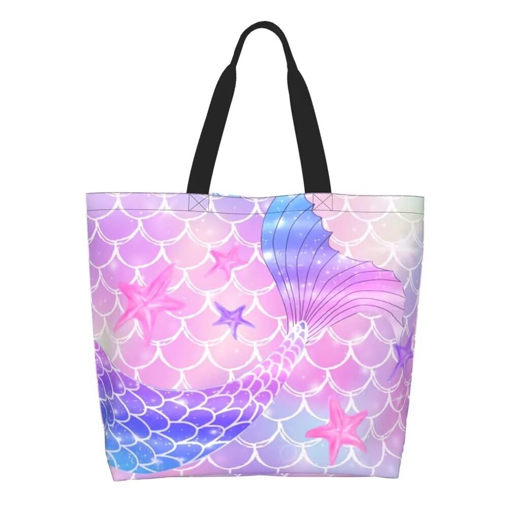 Pink Mermaid Gym Tote Bags for Women,Cute Ocean Mermaid Purse Print Shoulder Reusable Shopping Handbags Casual Travel Work Daily Waterproof Summer Grocery Bag Holiday Gifts -Large