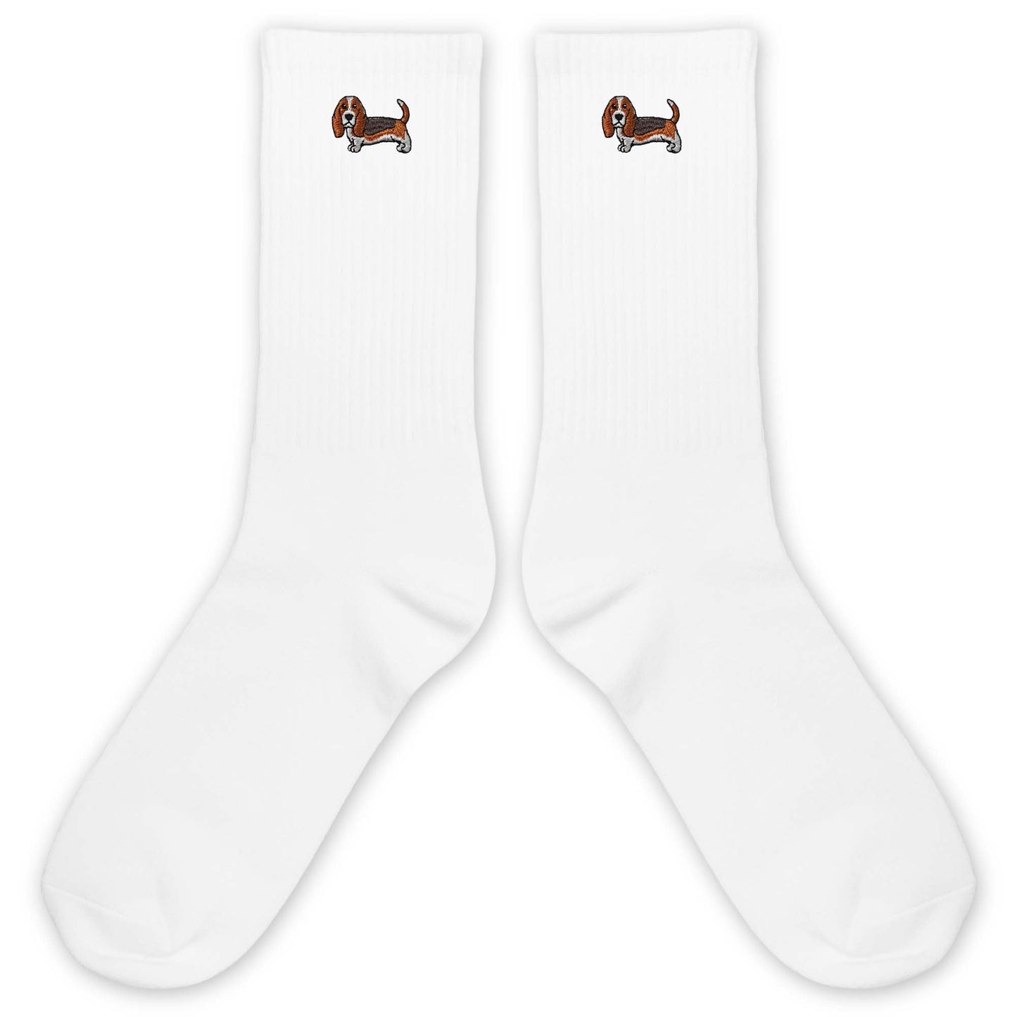 Basset Hound Socks for Women or Men - Cute Cartoon Basset Dog Design Embroidery White Crew Socks.(029)