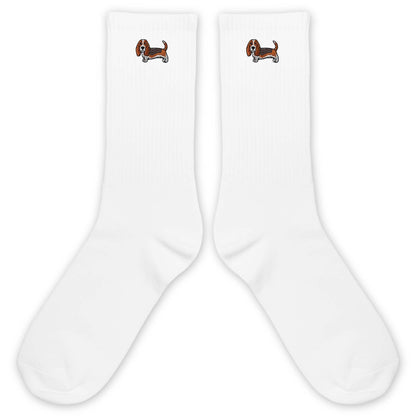Basset Hound Socks for Women or Men - Cute Cartoon Basset Dog Design Embroidery White Crew Socks.(029)