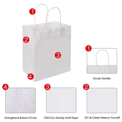 Oikss 100 Pack 8x4.75x10 Inch Medium White Kraft Paper Bags with Handles Bulk for Birthday Wedding Party Favors Grocery Retail Shopping Business Takeout Goody Craft Gift Bags Sacks, (100pcs Count)