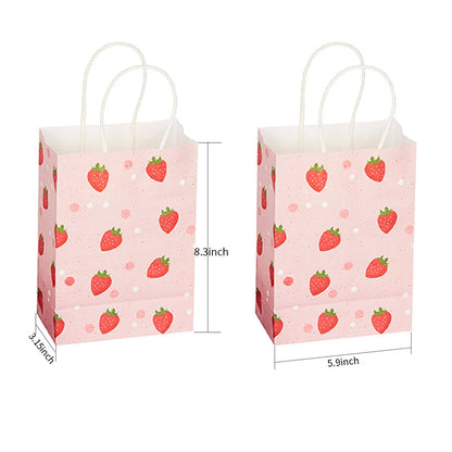 KoberrLi 16Pcs Strawberry Gift Paper Bags with Handles 5.9x8.26x3.15-inch Strawberry Party Favor Paper Bags for Birthday Baby Shower Holiday Gifts (Strawberry)
