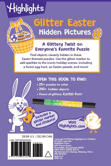 Glitter Easter Hidden Pictures Puzzles: Over 370 Hidden Objects in Festive Easter Puzzle Book Featuring Bunnies, Eggs and Flowers, Easter Gift for Kids 6-9 (Highlights Fun to Go)