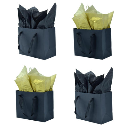 JUNESHE 4 Pack Small Black Gift Bags with Tissue Paper,6.3 inch Mini Tiny Little Paper Bag for Birthday Party Favors Baby Bridal Shower Shopping Presents Wedding