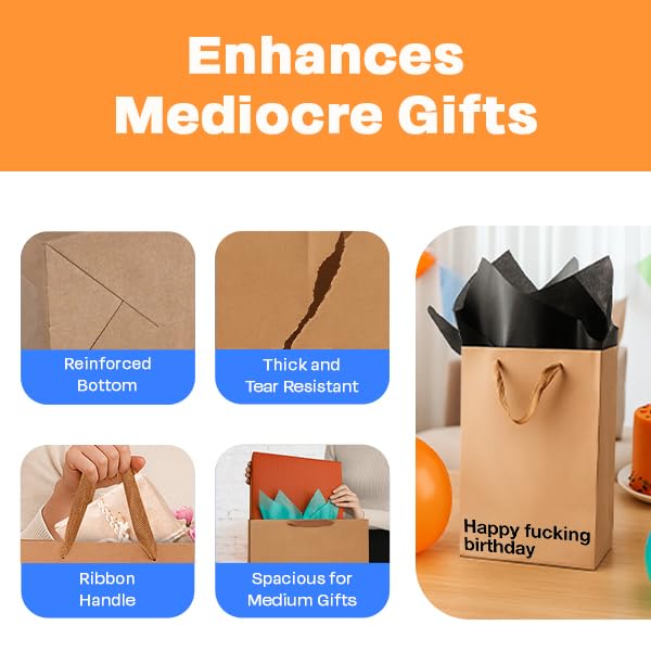 MilkToast Brands Funny Profanity Gift Bag, 11" x 8" x 4" Size, Happy Fucking Birthday, Reusable Brown Kraft Paper Swear Word Bag for Father's Day, White Elephant, and Birthday Gifts