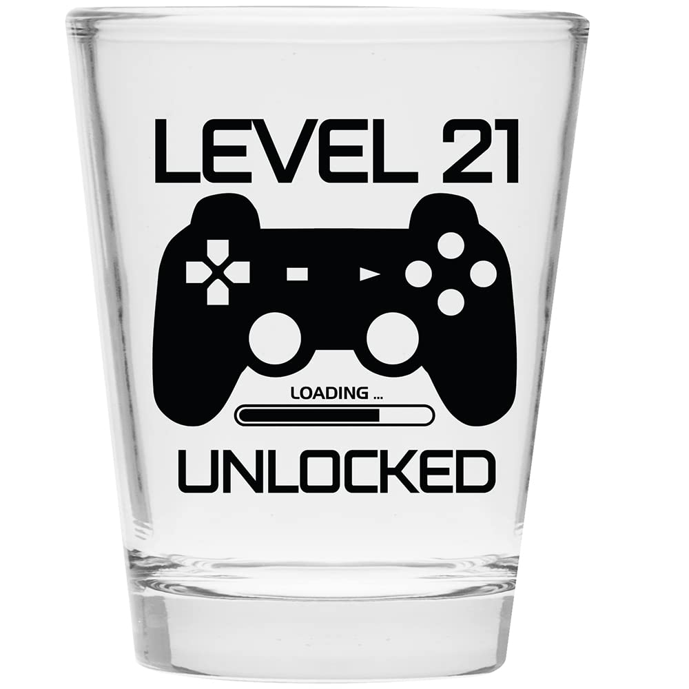 Make Em Laugh Level 21 Unlocked Shot Glass – Funny 21st Birthday Shot Glass for Him or Her – Celebrate Turning Twenty-One with Party Supplies and Drinking Gifts for Men and Women