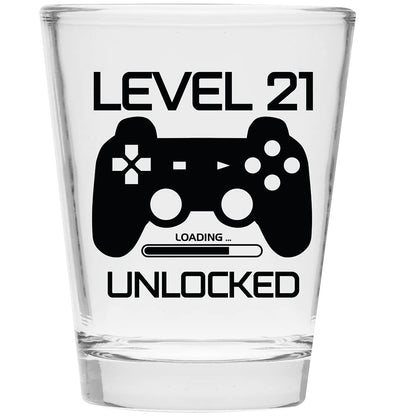 Make Em Laugh Level 21 Unlocked Shot Glass – Funny 21st Birthday Shot Glass for Him or Her – Celebrate Turning Twenty-One with Party Supplies and Drinking Gifts for Men and Women