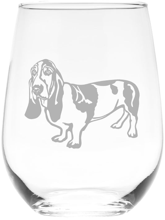 C M Basset Hound Dog Themed Stemless Wine Glass 17 oz. - 1 Piece - Basset Hound Gift for Men and Women (Style B2)