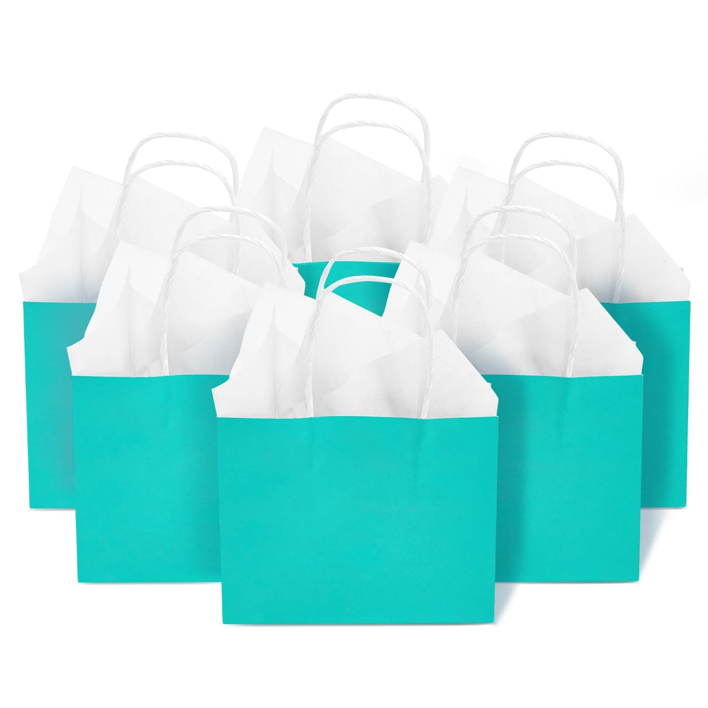 DjinnGlory 24 Pack Mini Tiny Teal Paper Gift Bags (Turquoise Aqua Blue) with White Tissue Paper for Summer Pool Party Supplies, Small Merchandises, 6x5x2.5 Inch