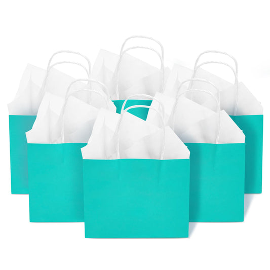 DjinnGlory 24 Pack Mini Tiny Teal Paper Gift Bags (Turquoise Aqua Blue) with White Tissue Paper for Summer Pool Party Supplies, Small Merchandises, 6x5x2.5 Inch
