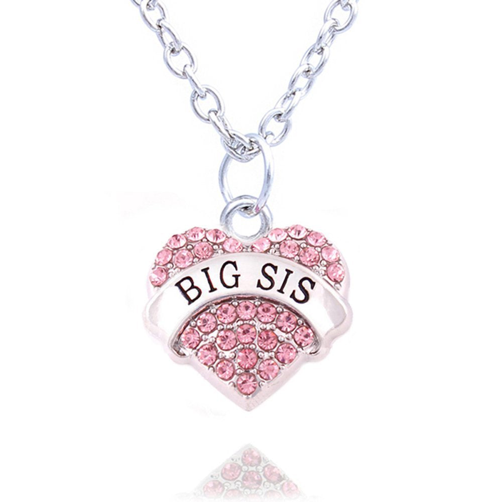 lauhonmin Family Jewelry Silver Alloy Pink Crystal Love Heart Big Sister Charm Pendant Necklace Women Gift
