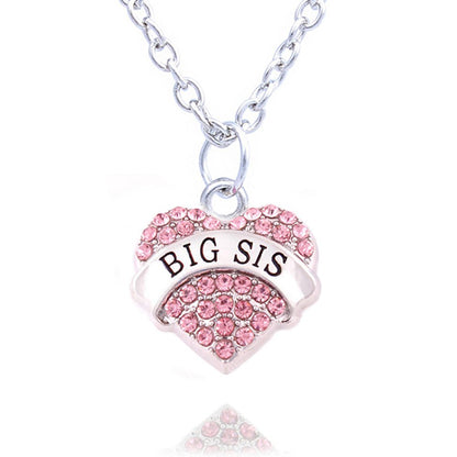 lauhonmin Family Jewelry Silver Alloy Pink Crystal Love Heart Big Sister Charm Pendant Necklace Women Gift