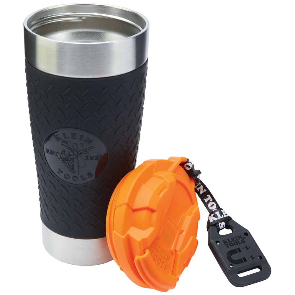 Klein Tools 55580 Stainless Steel Tumbler with Flip-top Lid, Insulated 20 oz. Tradesman's Double Wall Vacuum Mug, Slip-resistant Sleeve