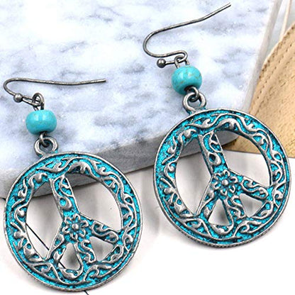 Peace Sign Symbol Hook Dangle Drop Earring Vintage Antique Silver Beads Turquoise Carved Flower Earrings for Women Jewelry Gift