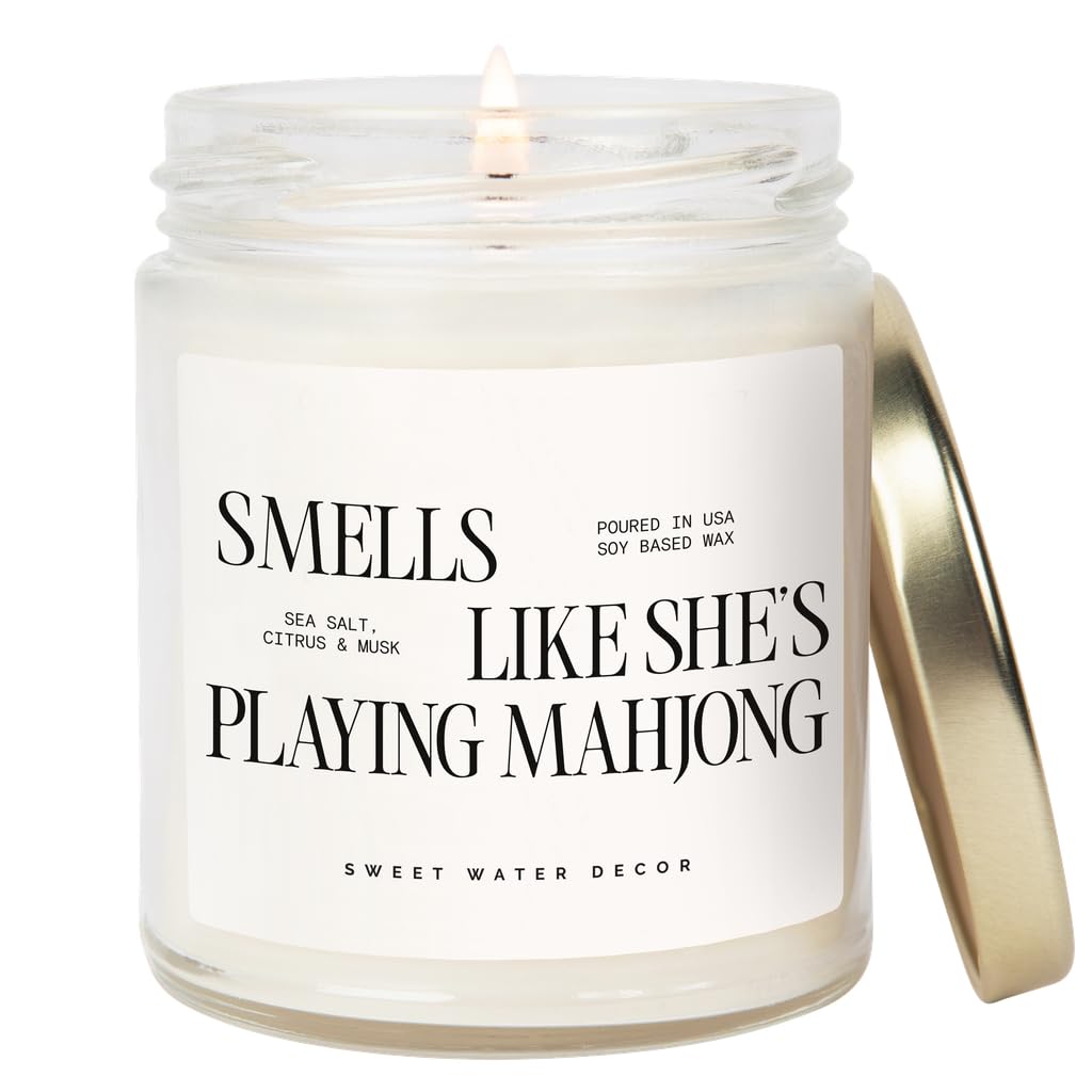 Sweet Water Decor Smells Like She’s Playing Mahjong Candle, Funny Mahjong Gift for Women, 9oz Candle with Gold Lid, Sea Salt Citrus Musk Amber Scent, Non-Toxic Soy Wax, Unique Game Night Gift Idea