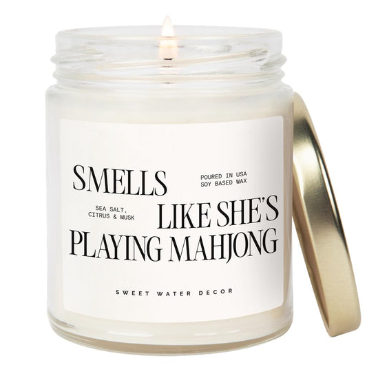 Sweet Water Decor Smells Like She’s Playing Mahjong Candle, Funny Mahjong Gift for Women, 9oz Candle with Gold Lid, Sea Salt Citrus Musk Amber Scent, Non-Toxic Soy Wax, Unique Game Night Gift Idea