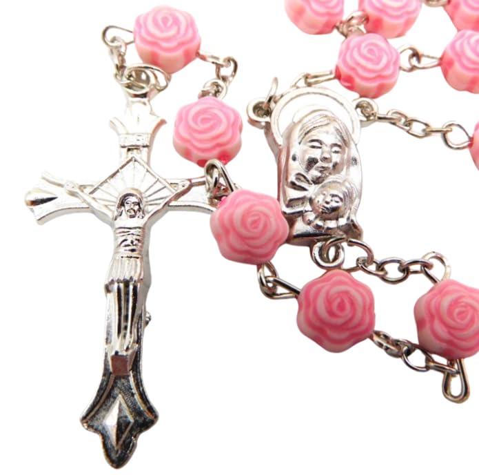 Westmon Works First Communion Rosary Set for Girls with Pink Rose Shaped Bead Case and Holy Card