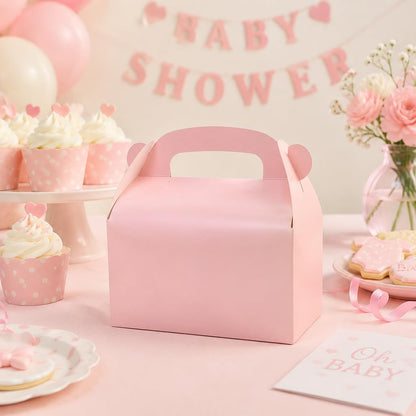 30-Pack Pink Party Favor Treat Boxes, Goodie Boxes, Gable Paper Gift Boxes with Handles. Perfect for Princess Pink Party and Baby Shower Decoration Supplies.