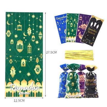 Ramadan Kareem Treat Bags, 100pcs Shining Gold Star Moon Lantern Party Cellophane Bags with Twist Ties Clear Plastic Gift Bags Goodie Cookies Candy Bags for Wedding ,Birthday Party ,Ramadan Mubarak Party Supplies