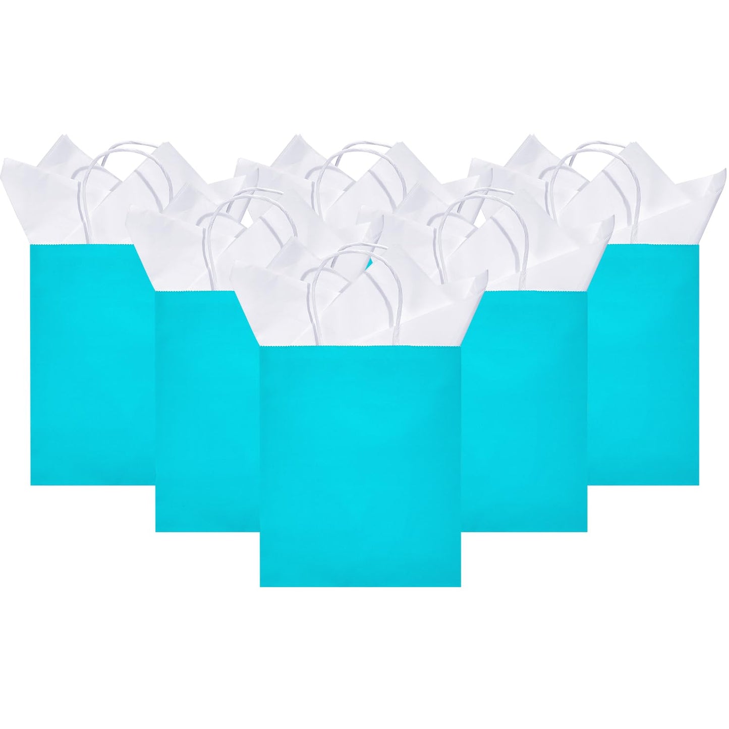 DjinnGlory 50 Pack Medium Size Teal Blue Paper Gift Bags with Handles 10x8x4 Inch and 50 White Tissue Paper for Small Business Wedding Bridal Baby Shower Birthday Party Favors Goodies