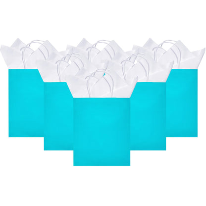 DjinnGlory 50 Pack Medium Size Teal Blue Paper Gift Bags with Handles 10x8x4 Inch and 50 White Tissue Paper for Small Business Wedding Bridal Baby Shower Birthday Party Favors Goodies