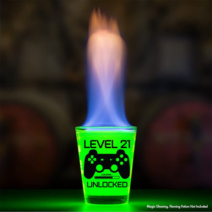 Make Em Laugh Level 21 Unlocked Shot Glass – Funny 21st Birthday Shot Glass for Him or Her – Celebrate Turning Twenty-One with Party Supplies and Drinking Gifts for Men and Women