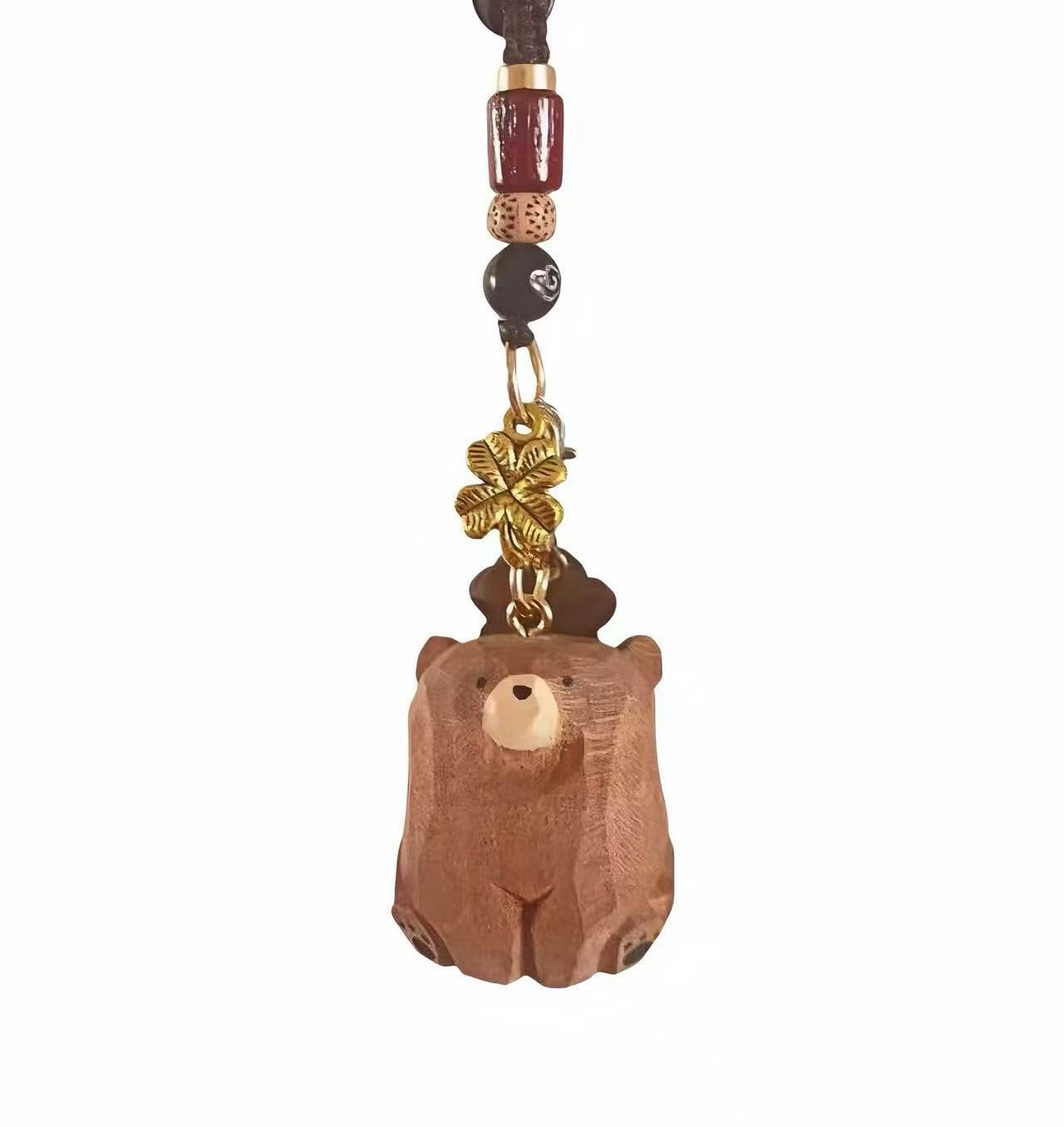 Handmade Wooden Bear & Horse Keychain with Four-Leaf Clover Charm, Cute Animal Lucky Keyring Gift
