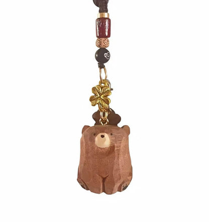Handmade Wooden Bear & Horse Keychain with Four-Leaf Clover Charm, Cute Animal Lucky Keyring Gift