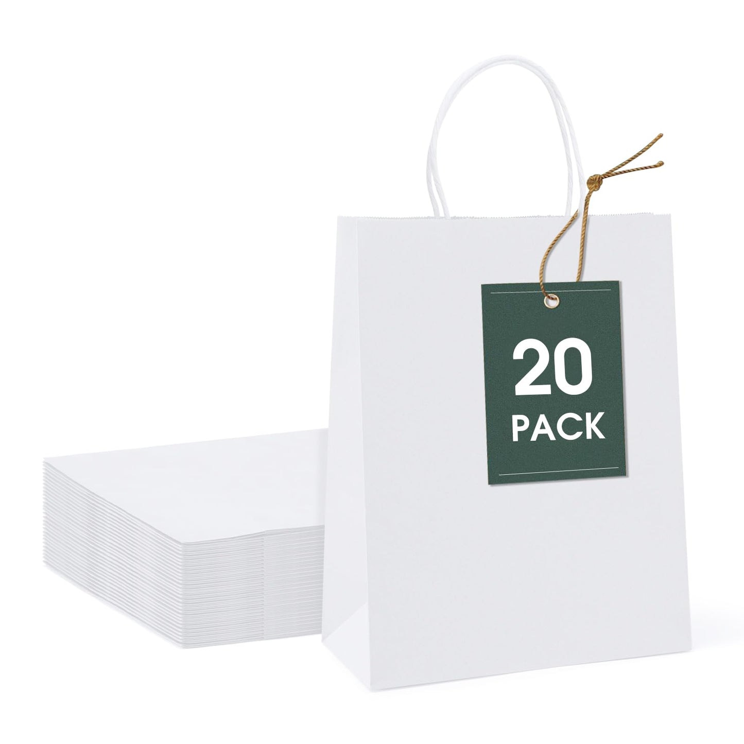 GSSUSA White Paper Bags 8X4.25X10.5 20Pcs, Gift Paper Bag with Handles Bulk, Graduation Gift, Sturdy Kraft Paper, Retail Shopping Bags, Party Favor, Christmas