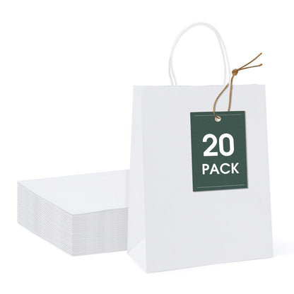 GSSUSA White Paper Bags 8X4.25X10.5 20Pcs, Gift Paper Bag with Handles Bulk, Graduation Gift, Sturdy Kraft Paper, Retail Shopping Bags, Party Favor, Christmas