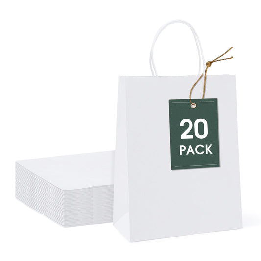 GSSUSA White Paper Bags 8X4.25X10.5 20Pcs, Gift Paper Bag with Handles Bulk, Graduation Gift, Sturdy Kraft Paper, Retail Shopping Bags, Party Favor, Christmas