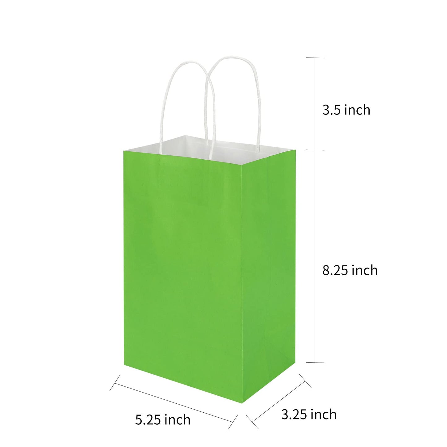 100 Pack 5.25x3.25x8.25 Inch Small Grass Green Kraft Paper Bags with Handles Bulk, Toovip Gift Wrap Bags for Favor Grocery Retail Party Birthday Shopping Business Goody Craft Merchandise Takeout Sacks
