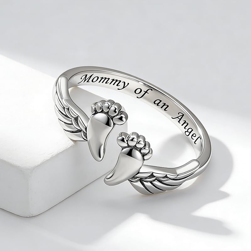 Miscarriage Gifts for Mothers Loss of Pregnancy Rings, Mommy of an Angel Wing Ring,Silver Mom Feather Rings Mother's Day Gifts