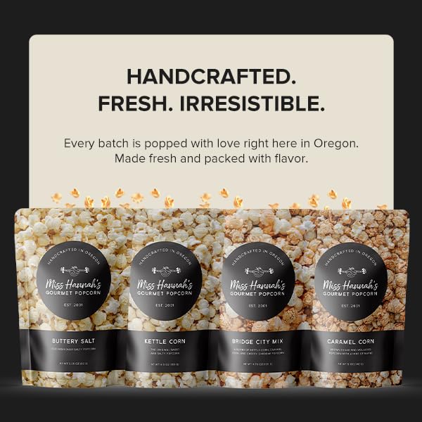 Miss Hannah's Gourmet Popcorn Starter Pack - Sea Salted Brulee, Bridge City Mix, Pickles & Popcorn - Non-GMO, Sweet & Savory Snack Box for Gifting or Sharing - 3 Pack Artisan Popcorn Gift Set