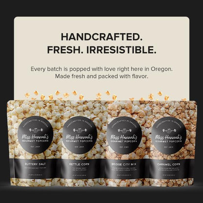 Miss Hannah's Gourmet Popcorn Starter Pack - Sea Salted Brulee, Bridge City Mix, Pickles & Popcorn - Non-GMO, Sweet & Savory Snack Box for Gifting or Sharing - 3 Pack Artisan Popcorn Gift Set