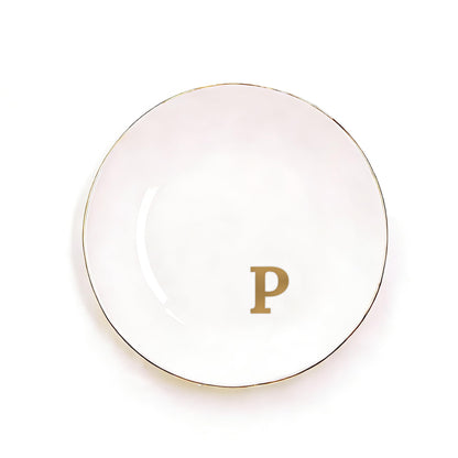 RainVibe Elegant Gift Set for Women – Personalized Monogram Ceramic Mug & Jewelry Tray – 12 oz Gold-Initial Coffee Cup with Gift Box, 4.75" Decorative Dish for Rings, Earrings, Keys (Letter P)