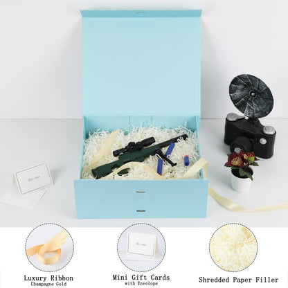 Large Blue Gift Box with Ribbon 1 Pack 13X11X5.3 Inch Large Gift Box with Lid Magnetic Closure Rectangle Collapsible Luxury Box for Wedding Gifts Crinkle Cut Paper Shred with Card