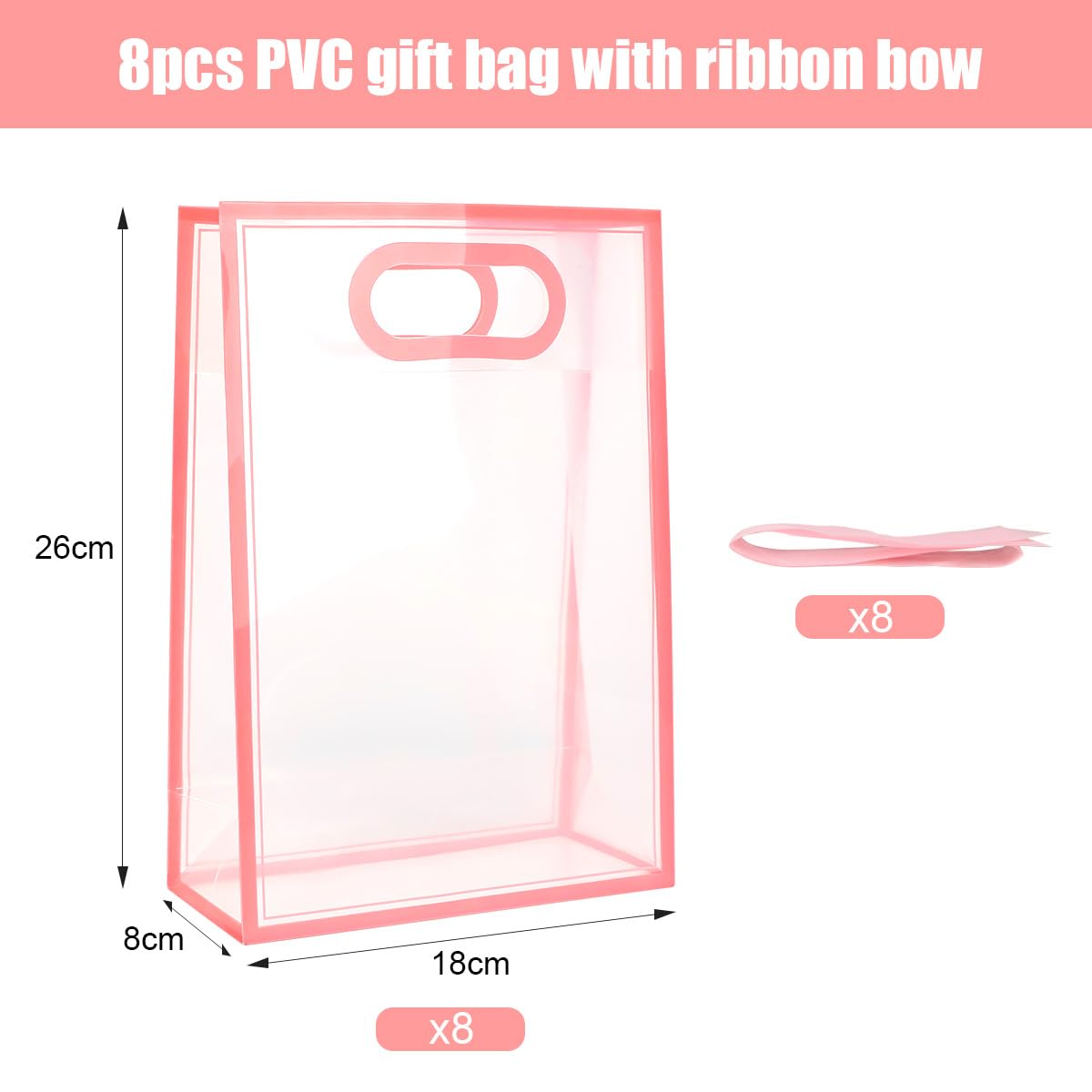 ZJHiome Clear Gift Bags with Handle, 8 PCS PVC Gift Bag with Ribbon Bow for Christmas Easter Wedding Baby Shower Birthday Party(Pink)