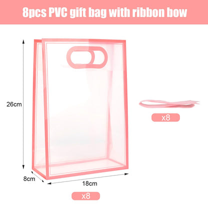 ZJHiome Clear Gift Bags with Handle, 8 PCS PVC Gift Bag with Ribbon Bow for Christmas Easter Wedding Baby Shower Birthday Party(Pink)