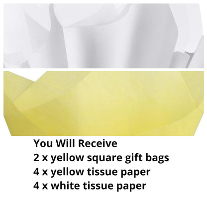 JUNESHE 2 Pack Small Square Gift Bags with Handles & Tissue Paper, 5.9 inch Yellow Paper Bag for Birthday Party Favors Baby Bridal Shower Presents Wedding Anniversary